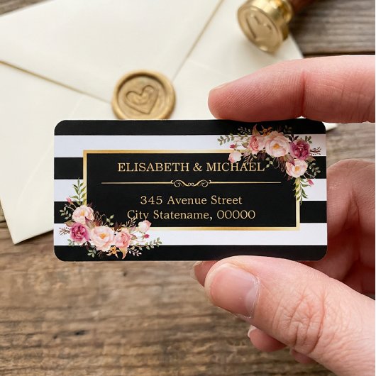 Mooie Floral Gold Decor Black White Stripes Etiket