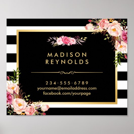 Mooie Floral Gold Lijst Black White Stripes Poster (Voorkant)