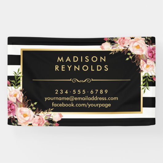 Mooie Floral Gold Lijst Black White Stripes Spandoek (Horizontaal)