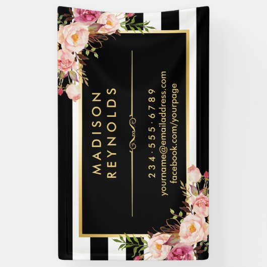 Mooie Floral Gold Lijst Black White Stripes Spandoek (Verticaal)