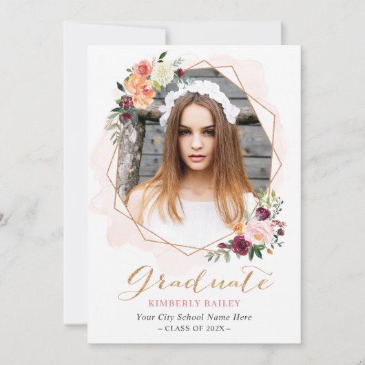 Mooie Floral Gold Lijst Foto Graduparty Kaart (Voorkant)