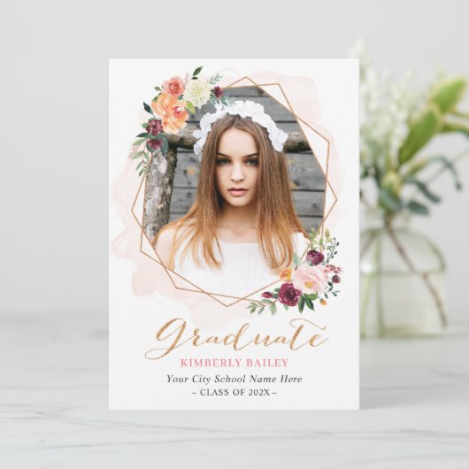 Mooie Floral Gold Lijst Foto Graduparty Kaart (Staand voorkant)