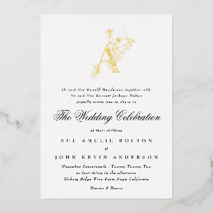 Mooie Floral GOLD Monogram Sketched Wedding Folie Uitnodiging