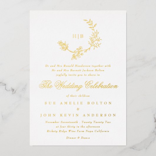 Mooie Floral GOLD Monogram Sketched Wedding Folie Uitnodiging (Voorkant)