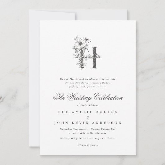 Mooie Floral 'H' Monogram Sketched Wedding Kaart (Voorkant)