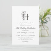 Mooie Floral 'H' Monogram Sketched Wedding Kaart (Staand voorkant)