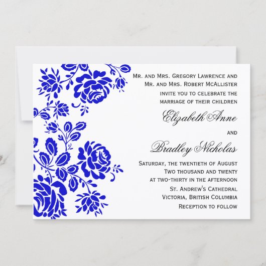 Mooie Floral in Royal Blue Wedding Kaart (Voorkant)