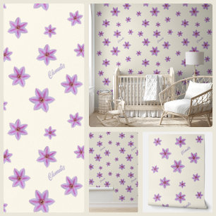 Mooie Floral Lila Roze Clematis Bloemcrème Behang