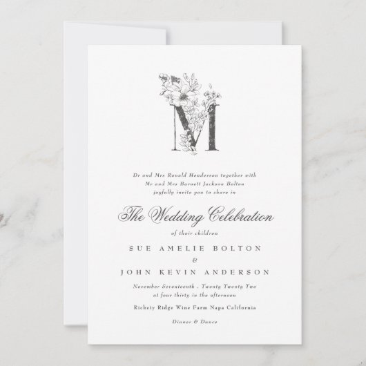 Mooie Floral 'M' Monogram Sketched Wedding Kaart (Voorkant)