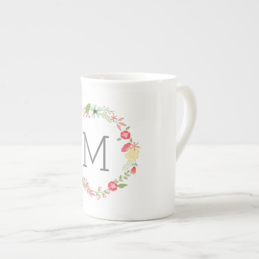 Mooie Floral Monogram Bone China Mok (Voorkant rechts)