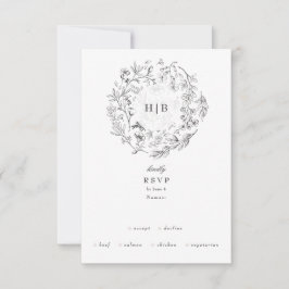 Mooie Floral Monogram geschetste krans 4 optie RSVP Kaartje