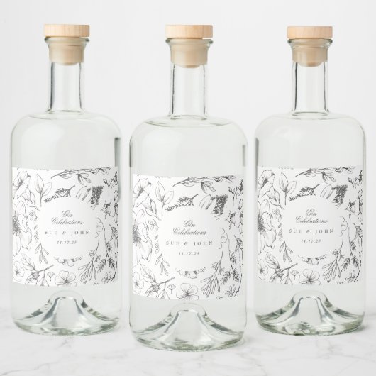 Mooie Floral Monogram Sketched Wedding Likeurfles Etiket (Flessen)