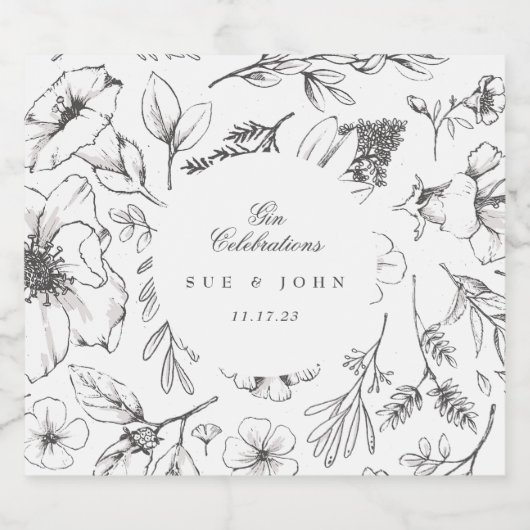 Mooie Floral Monogram Sketched Wedding Likeurfles Etiket (Enkel label)