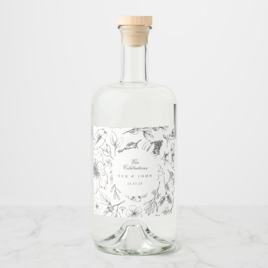 Mooie Floral Monogram Sketched Wedding Likeurfles Etiket (Voorkant)