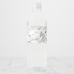 Mooie Floral Monogram Sketched Wedding Waterfles Etiket