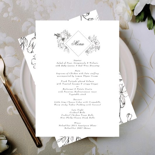 Mooie Floral Monogram Sketched Wreath Wedding Menu