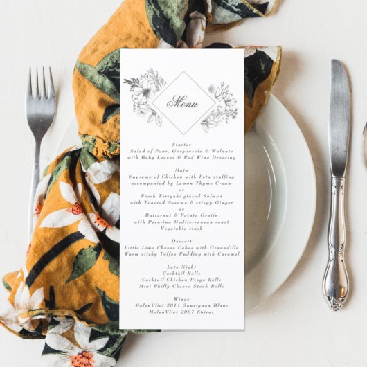 Mooie Floral Monogram Sketched Wreath Wedding Menu