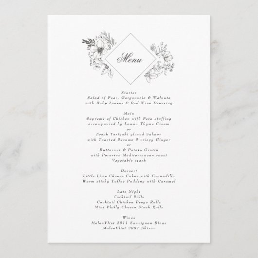 Mooie Floral Monogram Sketched Wreath Wedding Menu (Voorkant)