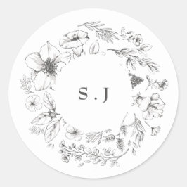 Mooie Floral Monogram Sketched Wreath Wedding Ronde Sticker