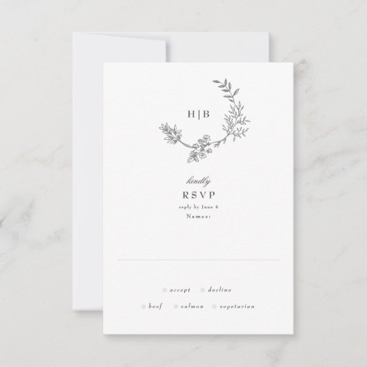 Mooie Floral Monogram Sketched Wreath Wedding RSVP Kaartje (Voorkant)