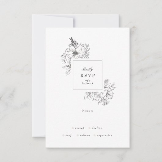 Mooie Floral Monogram Sketched Wreath Wedding RSVP Kaartje (Voorkant)