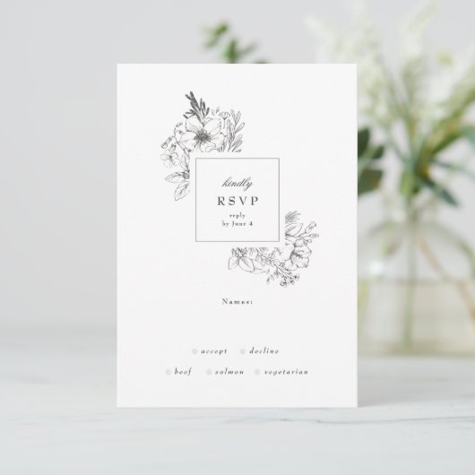 Mooie Floral Monogram Sketched Wreath Wedding RSVP Kaartje (Staand voorkant)