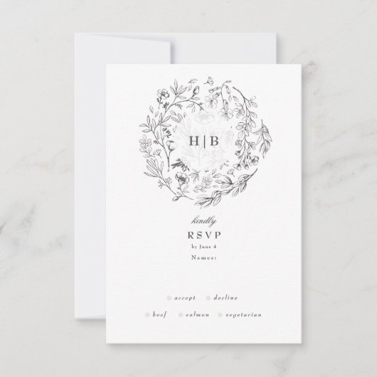 Mooie Floral Monogram Sketched Wreath Wedding RSVP Kaartje (Voorkant)