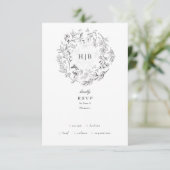 Mooie Floral Monogram Sketched Wreath Wedding RSVP Kaartje (Staand voorkant)