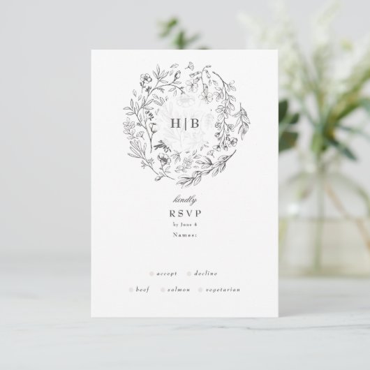 Mooie Floral Monogram Sketched Wreath Wedding RSVP Kaartje (Staand voorkant)