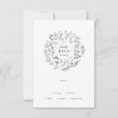 Mooie Floral Monogram Sketched Wreath Wedding RSVP Kaartje (Voorkant)