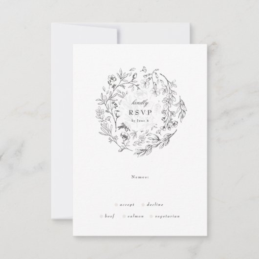 Mooie Floral Monogram Sketched Wreath Wedding RSVP Kaartje (Voorkant)