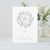 Mooie Floral Monogram Sketched Wreath Wedding RSVP Kaartje (Staand voorkant)