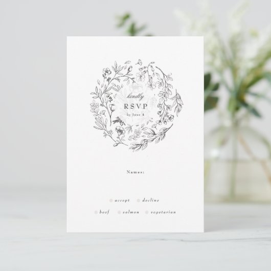 Mooie Floral Monogram Sketched Wreath Wedding RSVP Kaartje (Staand voorkant)
