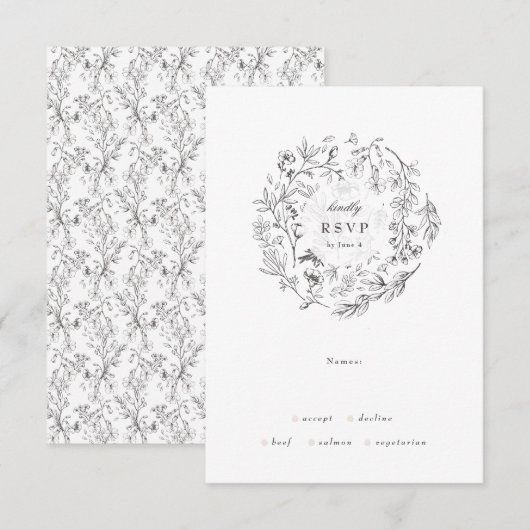Mooie Floral Monogram Sketched Wreath Wedding RSVP Kaartje (Voorkant / Achterkant)