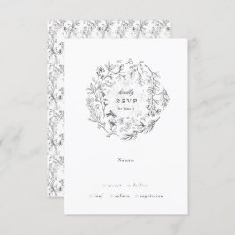 Mooie Floral Monogram Sketched Wreath Wedding RSVP Kaartje
