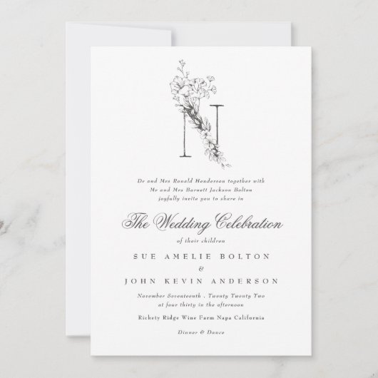 Mooie Floral 'N' Monogram Sketched Wedding Kaart (Voorkant)