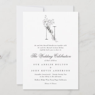 Mooie Floral 'N' Monogram Sketched Wedding Kaart