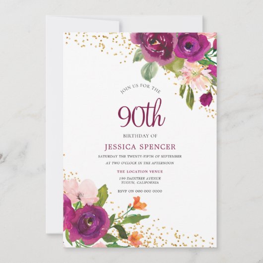 Mooie Floral Ninetieth 90th Birthday Invite Kaart (Voorkant)