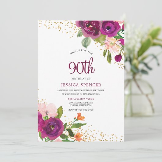 Mooie Floral Ninetieth 90th Birthday Invite Kaart (Staand voorkant)