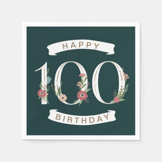 Mooie Floral Numerals 100th Birthday Napkins Servet (Voorkant)