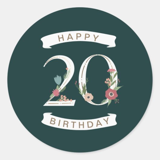 Mooie Floral Numeras 20th Birthday Ronde Sticker (Voorkant)