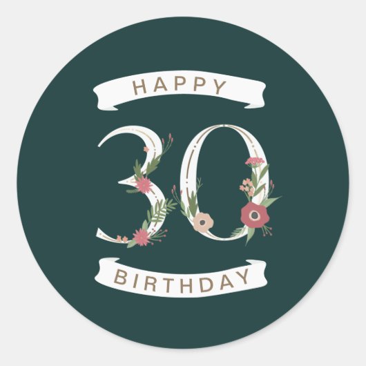 Mooie Floral Numeras 30th Birthday Ronde Sticker (Voorkant)