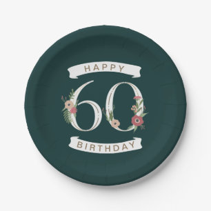 Mooie Floral Numeras 60th Birthday Papieren Bordje
