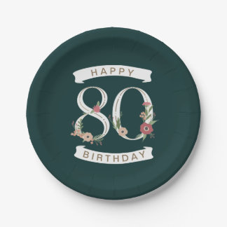 Mooie Floral Numeras 80th Birthday Papieren Bordje