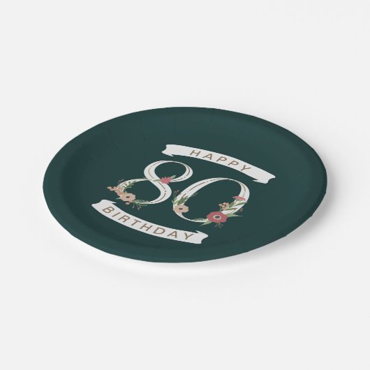 Mooie Floral Numeras 80th Birthday Papieren Bordje (Gekanteld)