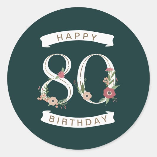 Mooie Floral Numeras 80th Birthday Ronde Sticker (Voorkant)