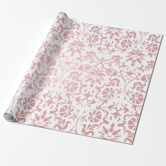 Mooie Floral Pink en White Damask Design Cadeaupapier (Uitgerold)