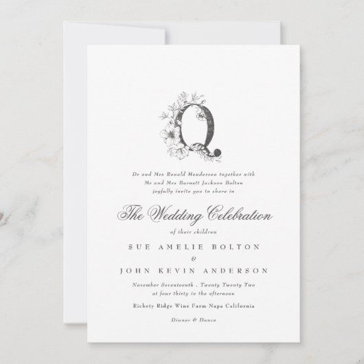Mooie Floral 'Q' Monogram Sketched Wedding Kaart (Voorkant)