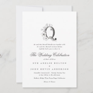 Mooie Floral 'Q' Monogram Sketched Wedding Kaart