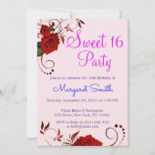 Mooie Floral Red Rose Sweet 16 Invite Kaart (Voorkant)
